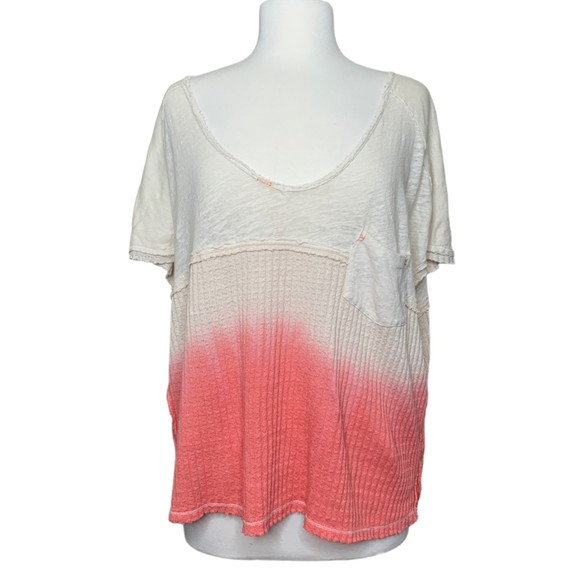 We The Free FP Sun Dial V-Neck Linen Blend Waffle Tee XS Colorblock Ombre Coral - Picture 2 of 8